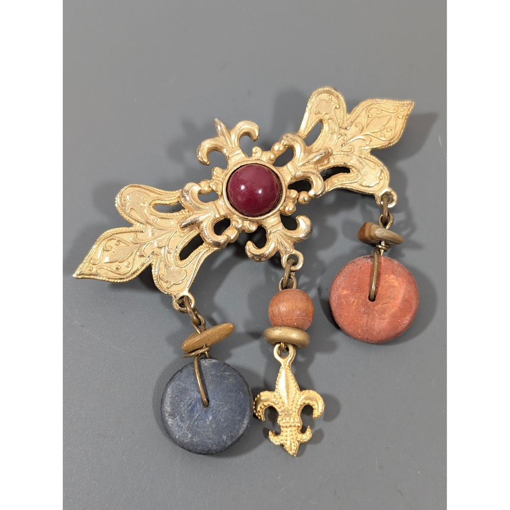 Vintage 70s Boho Dangle Charm Brooch Gold Tone‎ Statement